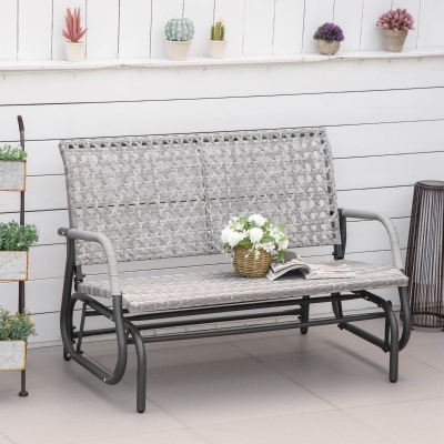 Outsunny 2 Seater Wicker Outdoor Glider Bench, Patio Swing Garden Bench, Garden Loveseat Rocking Chair, w/ Extra Wide Seat, Curved Backrest for Backyard, Poolside, Lawn, Mixed Grey