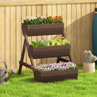 Outsunny 3 Tier Elevated Planter Box, Vertical Wooden Raised Garden Bed for Flowers, Vegetables, 26" x 30" x 30", Carbonized