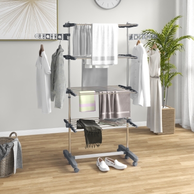 HOMCOM Garment Drying Rack Stainless Steel Folding Clothes Hanging Rack with Side Wings Castors for Indoor Outdoor Grey
