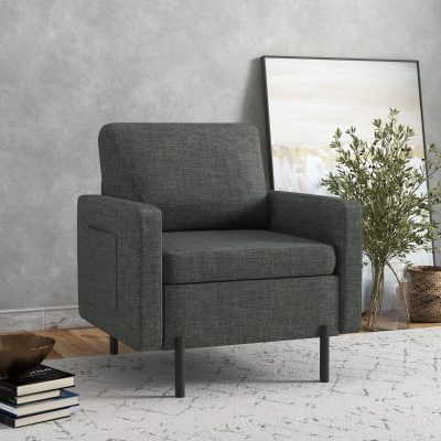 HOMCOM Armchair, Fabric Accent Chair, Modern Living Room Chair with Metal Legs, 2 Side Pockets for Bedroom, Grey