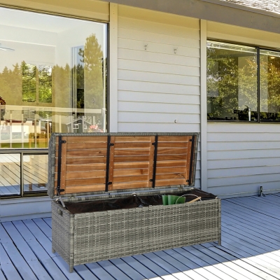 Outsunny Patio Wicker Storage Bench Box, Outdoor Garden PE Rattan Pool Storage Deck Bin Box w/ Natural Wood Top, Lid, Ideal for Storing Tools, Accessories and Toys, Mixed Gray