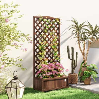 Outsunny Wood Planter with Trellis, Raised Garden Bed to Grow Vegetables for Backyard, 30" x 14" x 67", Dark Brown
