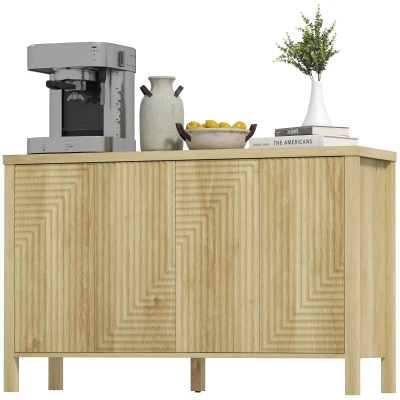 HOMCOM 47" Buffet Cabinet with Storage, Fluted Sideboard with Push to Open Design, 2 Adjustable Shelves and 4 Doors, Natural