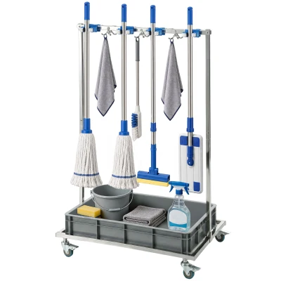 HOMCOM Cleaning Rolling Janitor Cart with Locking Wheels Cleaning Cart with Integrated Drip Tray 4 Casters