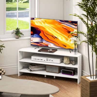 HOMCOM Corner TV Stand, Modern TV Table with 2 Open Shelves for 47 Inch TV, Entertainment Center for Living Room, White
