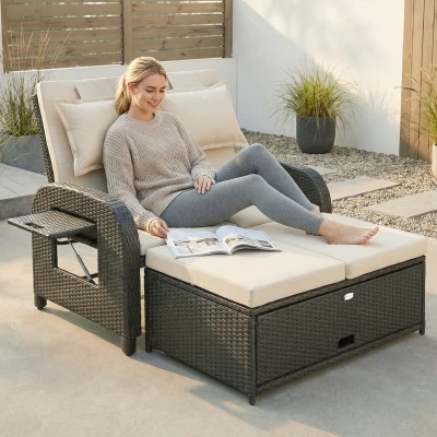 Outsunny Rattan Outdoor Daybed with Storage Ottoman & Side Tables, Beige