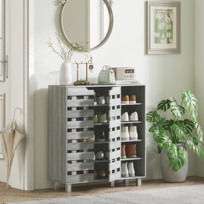 HOMCOM Shoe Cabinet, 21 Pair Shoe Storage Cabinet Organizer with 5-tier Double Door Cabinet and 5-tier Open Shelves, Light Grey