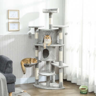 PawHut 62" Cat Tree with Scratching Post, 2 Condos, Hammock, Perches, Plush, Pompoms, for Indoor Cats, Light Grey
