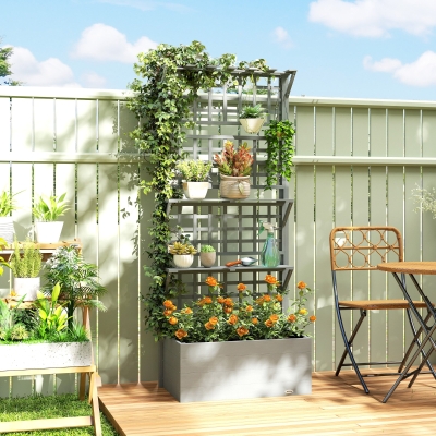 Outsunny Wooden Raised Garden Bed with Trellis and Roof, Elevated Planter Box with 2 Shelves, Drainage Hole and Liner, Grey