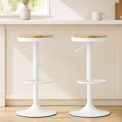 HOMCOM Wood Barstools Set of 2, Swivel Bar Stools with Adjustable Height for Kitchen Counter, Natural Wood and White