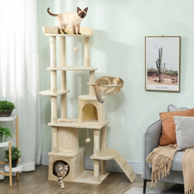 PawHut 67" Large Cat Tree with 7 Scratching Posts, Tunnel, 2 Condos, Hammock, Perch, Ramp, Pompoms, Beige