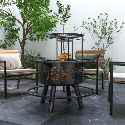 Outsunny Wood Burning Fire Pit Charcoal BBQ Grill, Portable Firepit with Adjustable Grill Grate, Pan and Poker, 33", Black