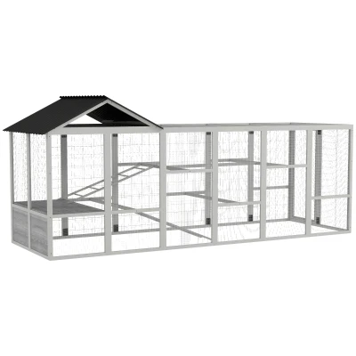 PawHut 142" Outdoor Wooden Chicken Coop with Run, Ramps, Perches, Storage, Combinable Design for 6 - 10 Chickens, Grey