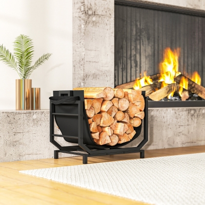 Outsunny Firewood Rack Outdoor, Heavy-Duty Log Holder with Log Tote Bag for Fireplace, Indoor Fire Wood Storage Rack