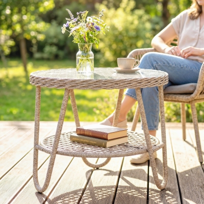 Outsunny Rattan Outdoor Coffee Table, 2-Tier Small Garden Side Table with Storage Shelf, Tempered Glass Top, Adjustable Footpads