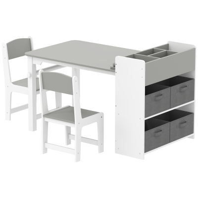Qaba Kids Desk & Chair Set with Storage & Paper Roll, Gray