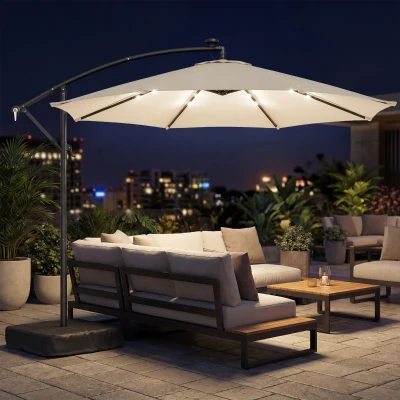 Outsunny 10 ft Cantilever Patio Umbrella with Lights, Cream White