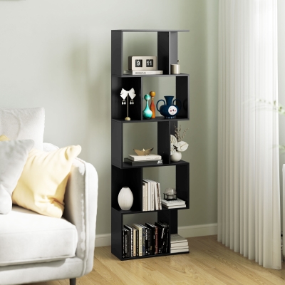 HOMCOM 5-Tier Geometric Bookshelf, S Shaped Bookcase, Modern Freestanding Display Shelf Unit for Home Office, Black