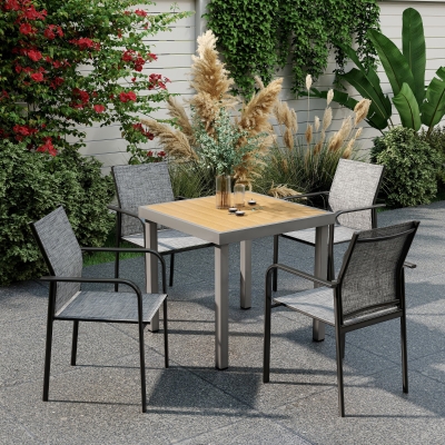 Outsunny Stackable Patio Chairs Set of 4, Outdoor Dining Chairs with 20" Deep Seat, All Weather Breathable Mesh, Armrests, Grey