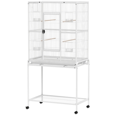 PawHut 64" Large Rolling Bird Cage Bird House with Detachable Rolling Stand, Storage Shelf, Wood Perch Food Container, White