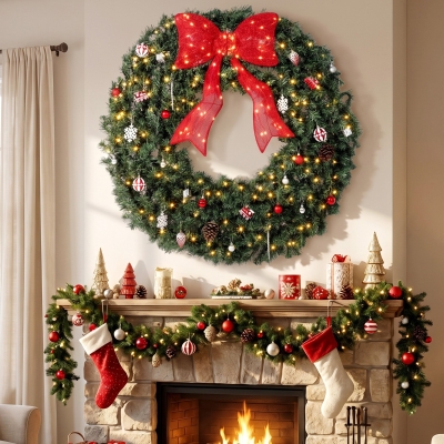 HOMCOM Artificial Xmas Wreath, 48 Inch Pre-Lit Christmas Wreath with 200 LED Lights, Lighted Bow and 31 Ornament Set, Green