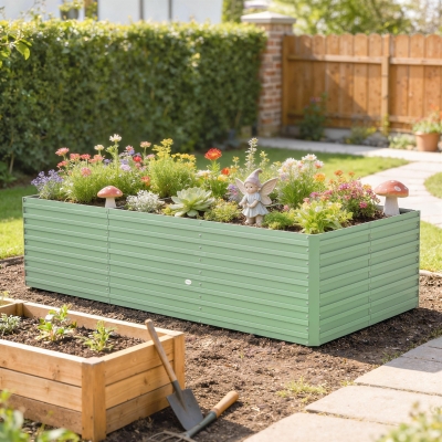 Outsunny 8 x 4 x 2ft Galvanized Raised Garden Bed, Reinforced Outdoor Planter Box with Open Bottom, Light Green