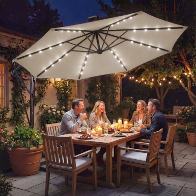Outsunny 11.3 ft Cantilever Patio Umbrella with Light, Cover, Aluminium UPF50+ Offset Outdoor Umbrella Parasol, Khaki