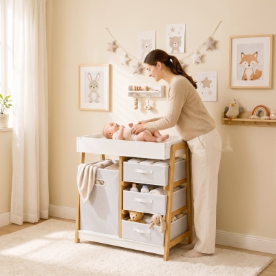 Qaba Baby Changing Table, Diaper Changing Station with Waterproof Pad, 3 Drawers and Large Basket for Newborn & Infant, White