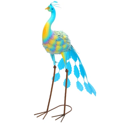 Outsunny Peacock Garden Statue, 32.7" Standing Lawn Ornament, Steel Garden Decor Bird Statue with Stakes for Lawn Patio Backyard Decoration, Sky Blue