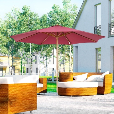 Outsunny 10' x 8' Bamboo Wooden Round Market Patio Sun Umbrella, Garden Parasol, Outdoor Sunshade Canopy, Wine Red
