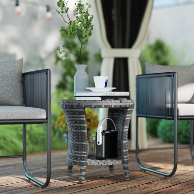 Outsunny 18" Wicker Outdoor Coffee Table, PE Rattan Patio Side Table with 2-Tier Storage, Composite Wood Top, Grey