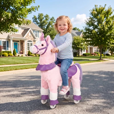 Qaba Plush Ride On Horse 29.5" for Kids, Rotatable Head, Pink