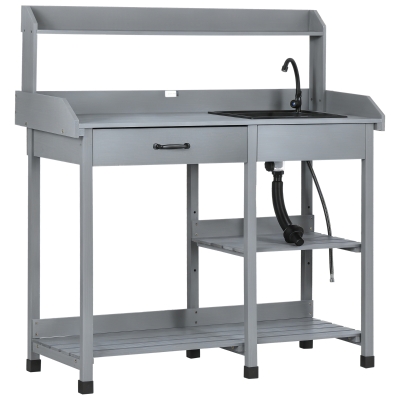 Outsunny Potting Bench Table, Outdoor Wooden Work Station, Gray