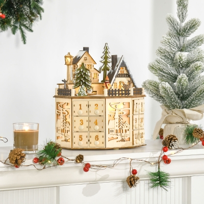 HOMCOM Wooden Christmas Advent Calendar, Lighted 24 Days Countdown to Christmas Table Decoration with Drawers for Kids and Adults, Battery Operated, Natural