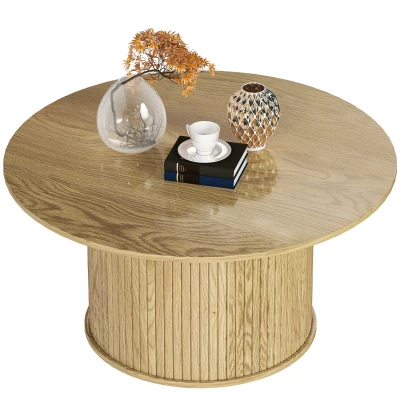 HOMCOM 31.5" Round Coffee Table, Nordic Style Center Table with Fluted Cylindrical Base for Living Room, Oak