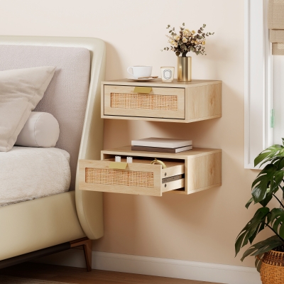 HOMCOM Floating Bedside Tables Set of 2, Wall Mounted Nightstands with Rattan Drawer and Wood Effect, Oak
