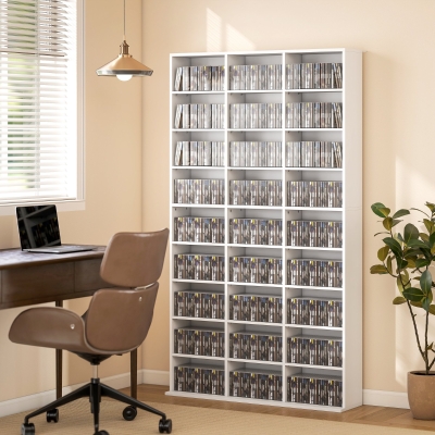 HOMCOM Media Storage Cabinet, 9-Tier DVD Shelf with 21 Adjustable Shelves, Holds 835 CDs, 500 DVDs or 640 Blu-rays, White