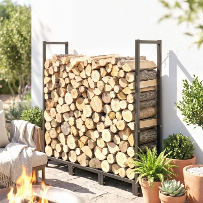 Outsunny 4 ft Firewood Rack with Customisable Width & Height, Cable Reinforcement, 616 lb Capacity Log Store Indoors, Black