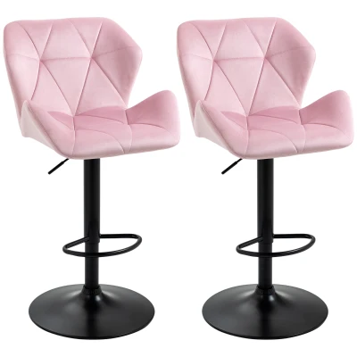 HOMCOM Velvet-Touch Bar Stool Set of 2 Fabric Adjustable Height Armless Counter Chairs with Swivel Seat, Pink