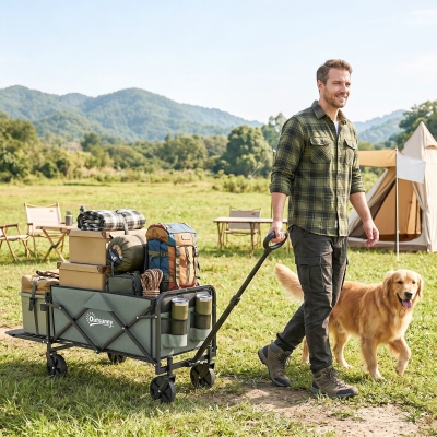 Outsunny Wagon Cart Foldable, Collapsible Wagon Cart with Removable Liner, Handle, Wheels, 72L & 198 LBS Capacity, Green