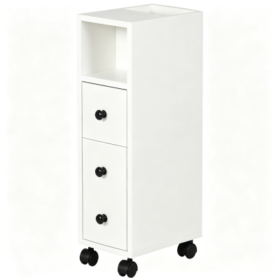 kleankin Slim Bathroom Cabinet with Wheels, Narrow Bathroom Storage Cabinet with Door, Drawer and 2 Open Compartments, White