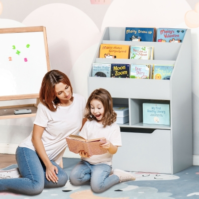 HOMCOM Kids Bookcase Multi-Shelf Rack Organizer with Storage Drawer for Books for Reading Nook, Classroom, Bedroom, Playroom, Grey