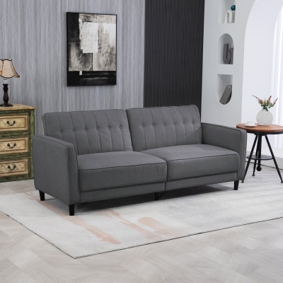HOMCOM Convertible Bed with Couch, Button Tufted Fabric Sofa Bed with Adjustable Back for Living Room, Charcoal Grey