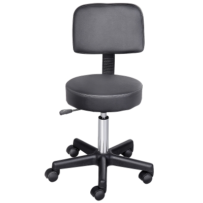 HOMCOM PU Leather Adjustable Rolling Stool, Round Swivel Drafting Stool with Back, Wheels, Black