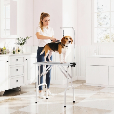 PawHut Foldable Pet Grooming Table for Dogs Cats with Adjustable Arm, Non-slip Surface, Grey