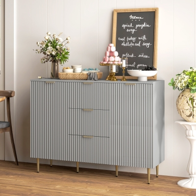 HOMCOM Modern Kitchen Storage Cabinet, Sideboard Buffet Cabinet w/ 3 Drawers and Adjustable Shelves for Kitchen Hallway, Grey
