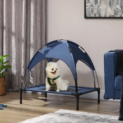 PawHut 30" Elevated Dog Cot Bed with UV Canopy, Dark Blue