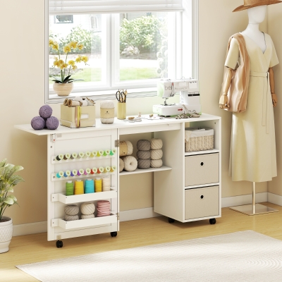 HOMCOM Rolling Sewing Machine Table with Power Outlet, Folding Craft Table with 2 Fabric Drawers, 2 Bins and 18 Pegs, White