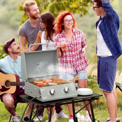 Outsunny 2 Burner Propane Gas Grill, Portable Tabletop BBQ with Foldable Legs, Lid, for Camping, Picnic, Silver