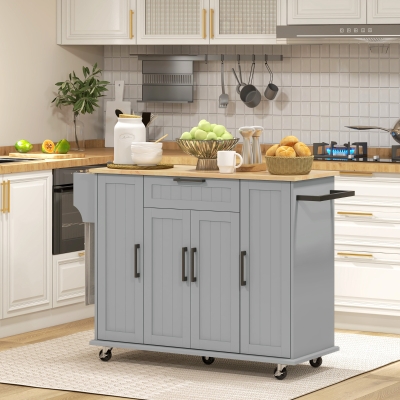HOMCOM Modern Rolling Kitchen Island Cart with Drawers, Natural Wood Top, Towel Rack, Door Storage Cabinet, Grey